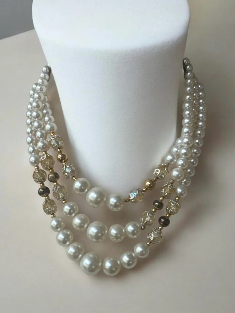 Elegant Multi-Strand Pearl and Crystal Necklace - Cream & Gold | Made In Japan